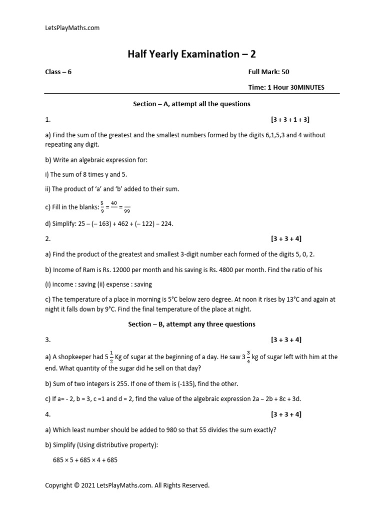 Class 6 Half Yearly Examination 2 | PDF | Algebra | Mathematics