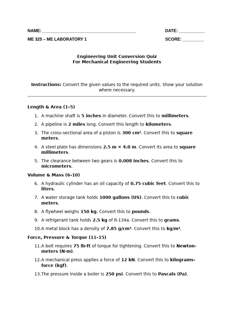 Engineering Unit Conversion Quiz for ME Students | PDF
