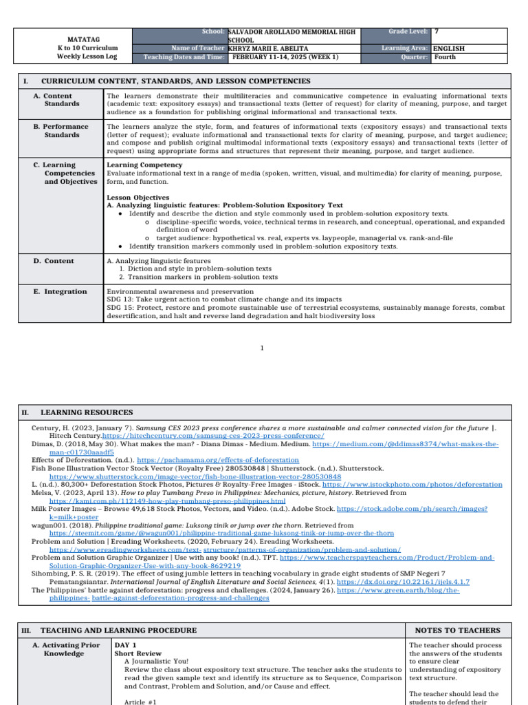Grade 7 English Weekly Lesson Plan | PDF | Forest Management ...