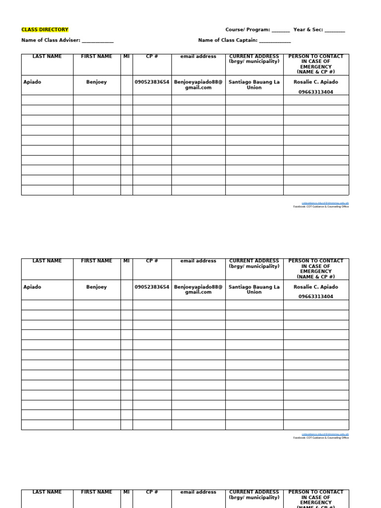 Class Directory and Emergency Contacts | PDF
