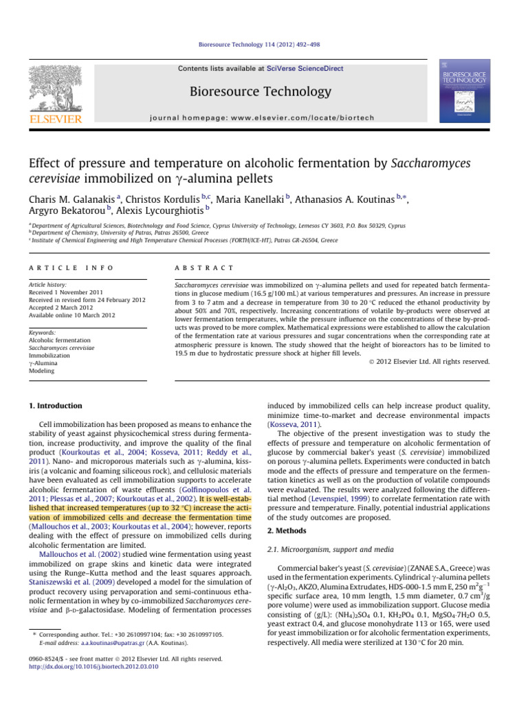 Pressure and Temperature Effects on Yeast Fermentation | PDF ...
