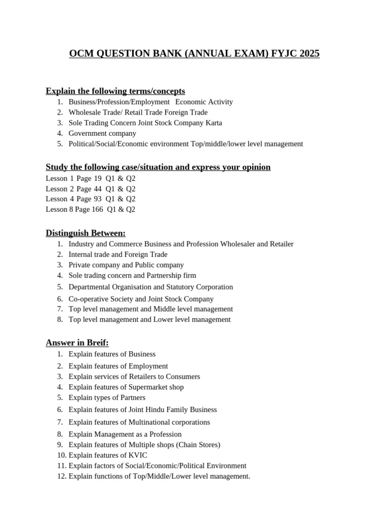 Ocm Question Bank (Annual Exam) Fyjc'25 | PDF | Retail | Business