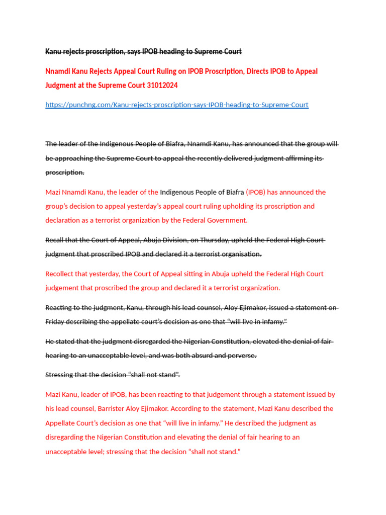 Kanu Appeals IPOB Proscription Ruling | PDF | Appeal | Judgment (Law)