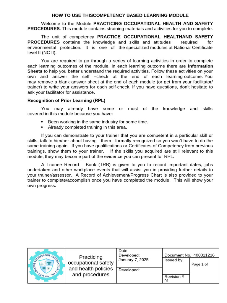 Occupational Health & Safety Module | PDF | Occupational Safety And ...