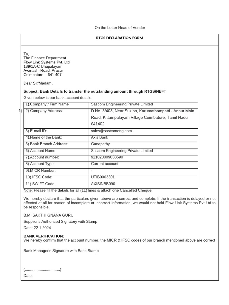RTGS Bank Details Submission Form | PDF
