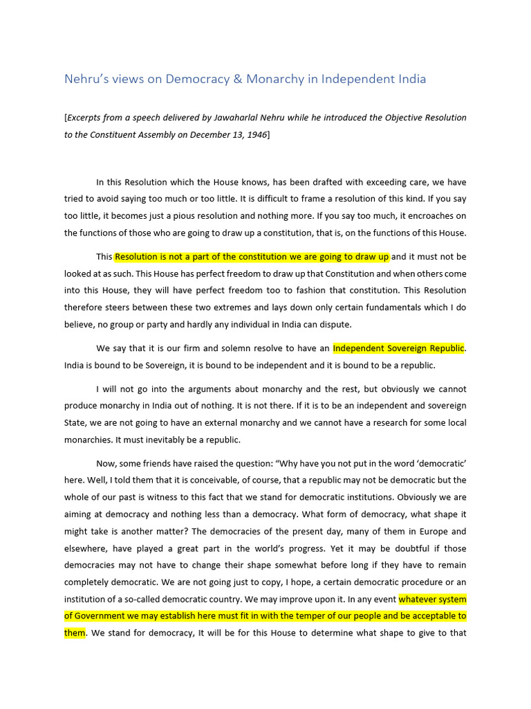Nehru on Democracy vs Monarchy in India | PDF | Democracy | Political ...