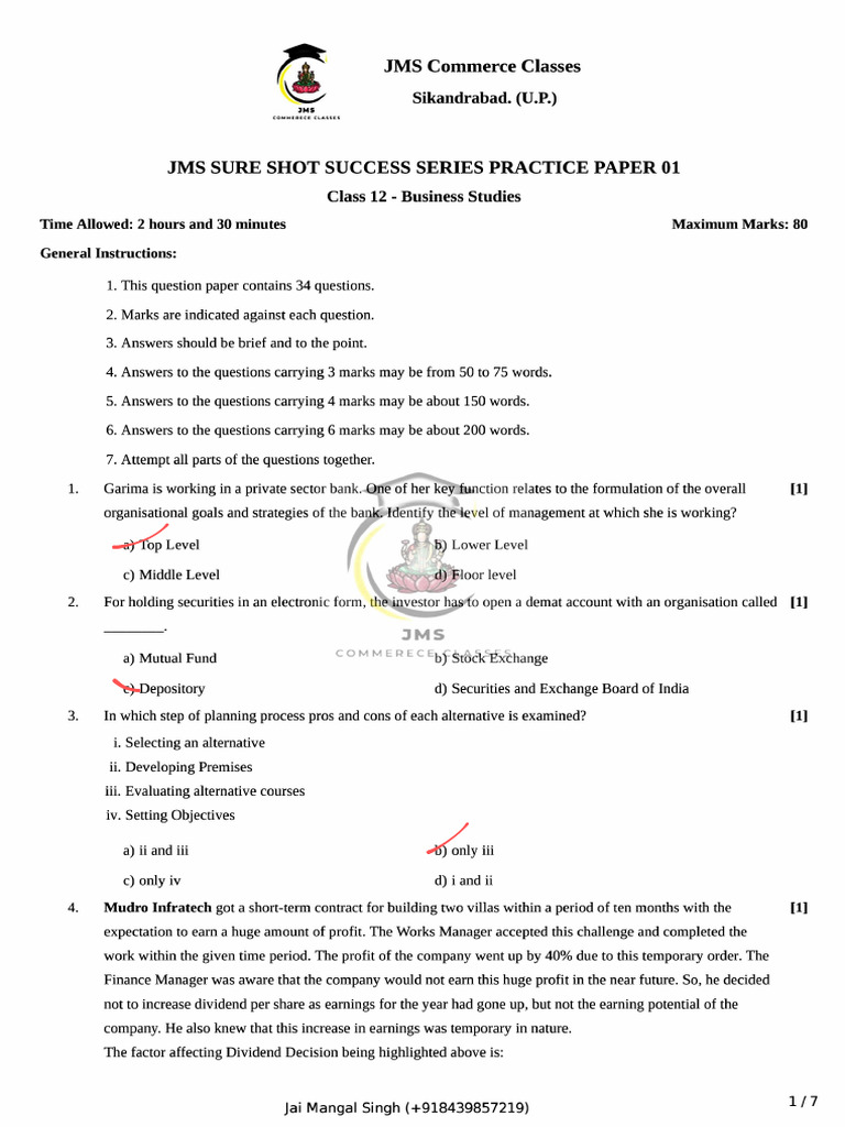 2025 JMS Sure Shot Success Series Practice Paper 01 | PDF