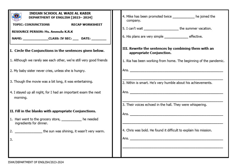 Conjunctions Recap Worksheet for Grade IV | PDF