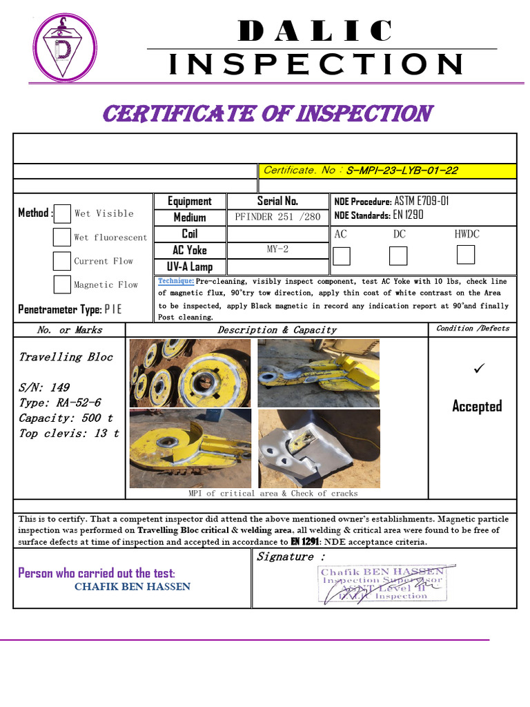 Inspection of Travelling Bloc 500 T | PDF | Nondestructive Testing ...