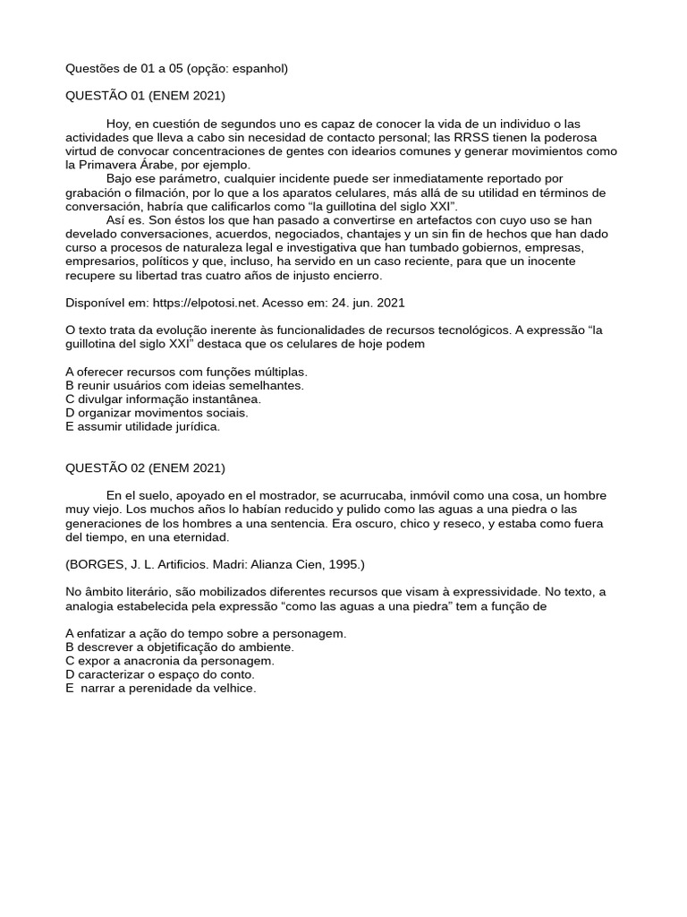 Questões Enem ESPANHOL - 2 Simulado - Deyse | PDF