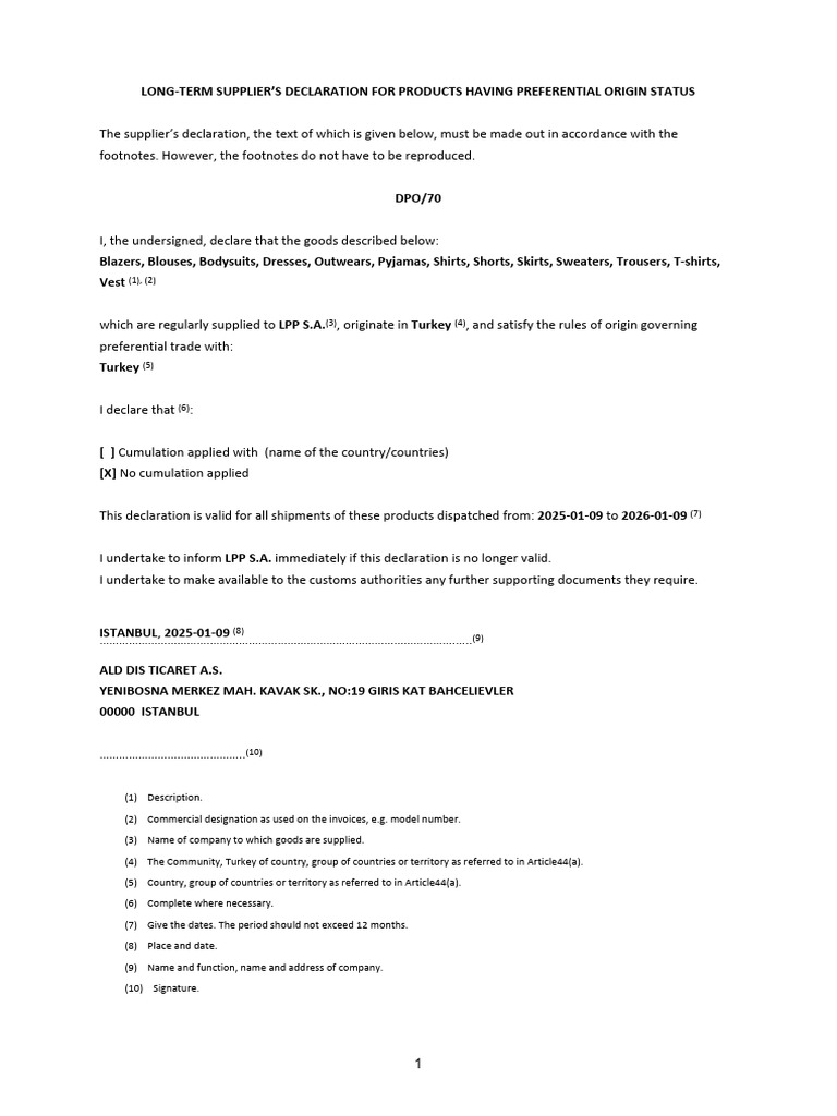 Supplier Declaration for Turkish Goods | PDF