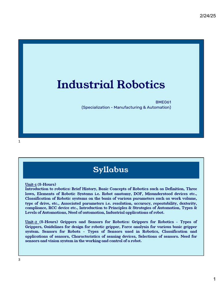 Industrial Robotics Course Syllabus | PDF | Robotics | Robot
