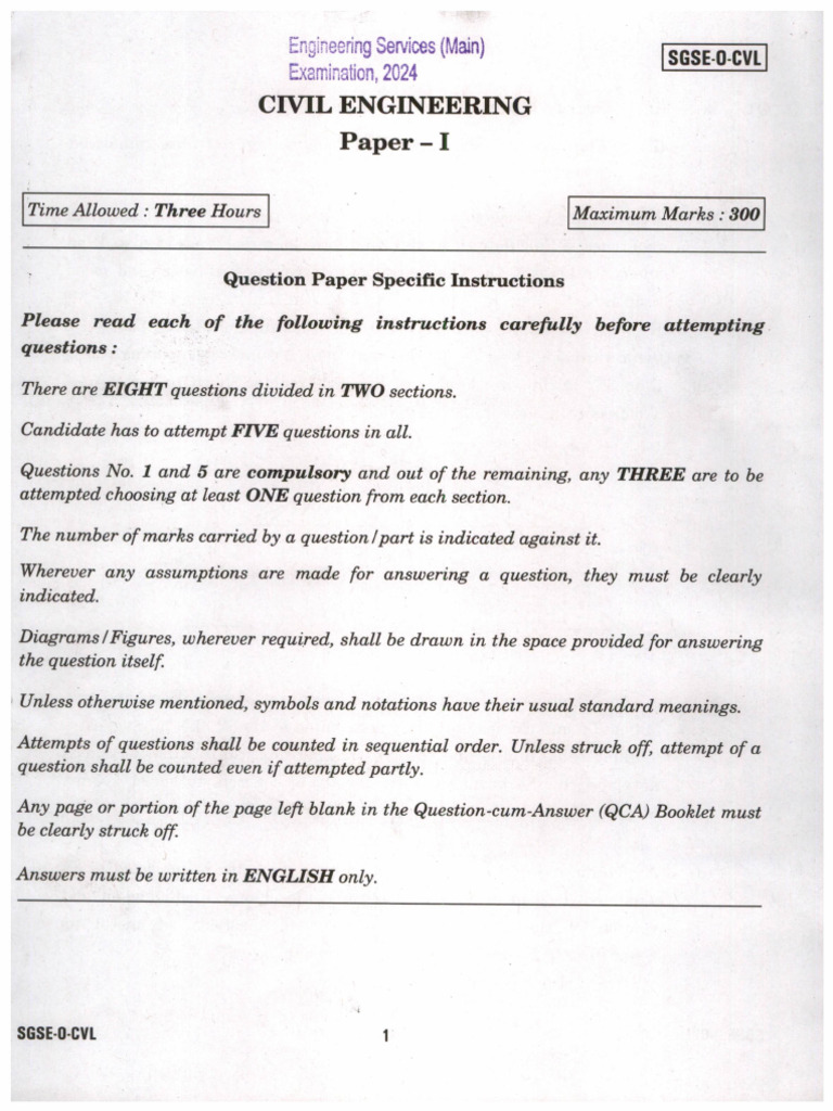 QP Esem 24 Civil Engineering Paper I 240624 | PDF