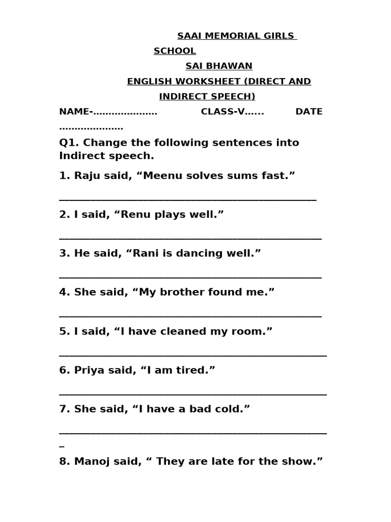Direct and Indirect Speech Worksheet | PDF