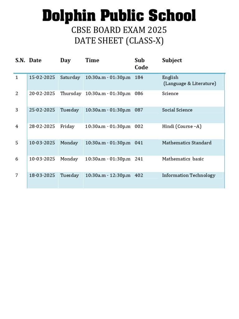 Datesheet Class X CBSE | PDF
