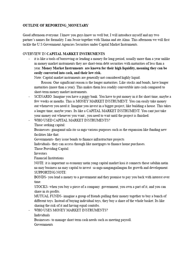 Outline of Reporting - Monetary | PDF | Capital Market | Loans