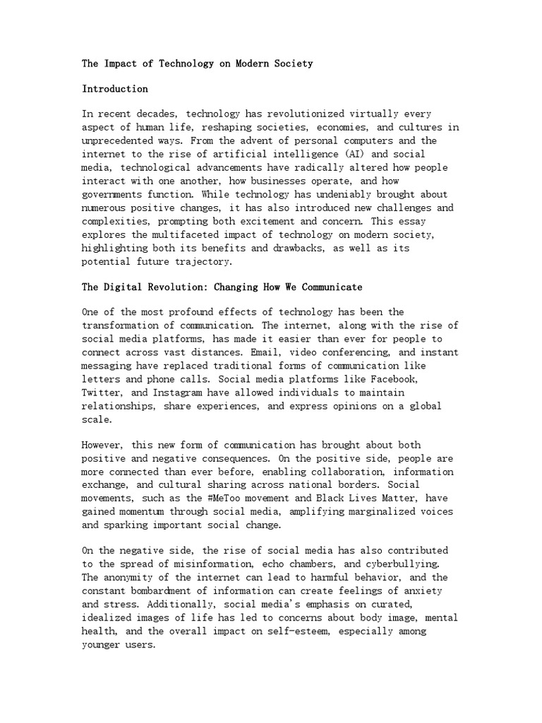 The Impact of Technology On Modern Society | PDF | Artificial ...
