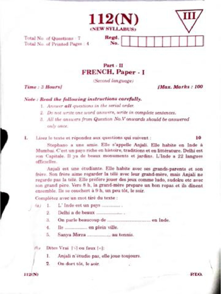 French Question Papers | PDF