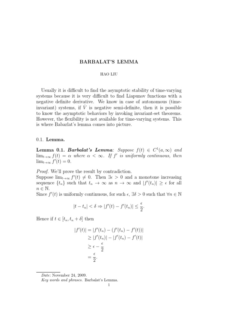 Barbalat's Lemma PDF Calculus Functions And Mappings
