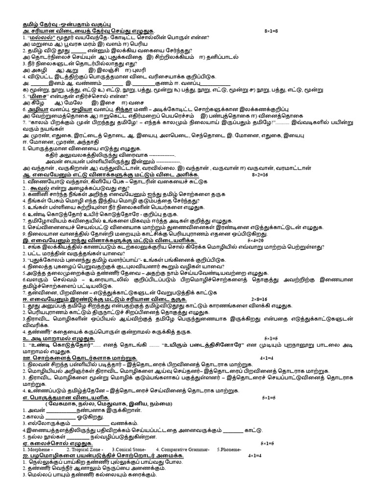 9th Standard Tamil Test | PDF