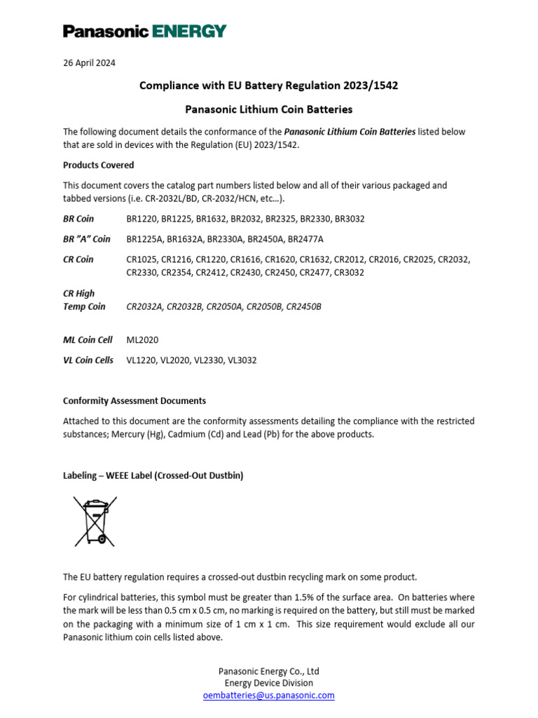 Panasonic Compliance with EU Battery Regulation | PDF | Electric Vehicle