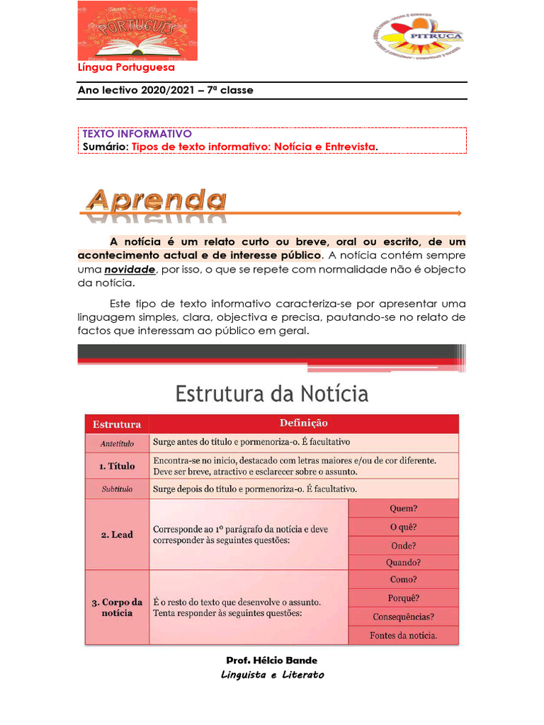 Tipos de Texto Informativo: Notícias e Entrevistas | PDF | Entrevista ...
