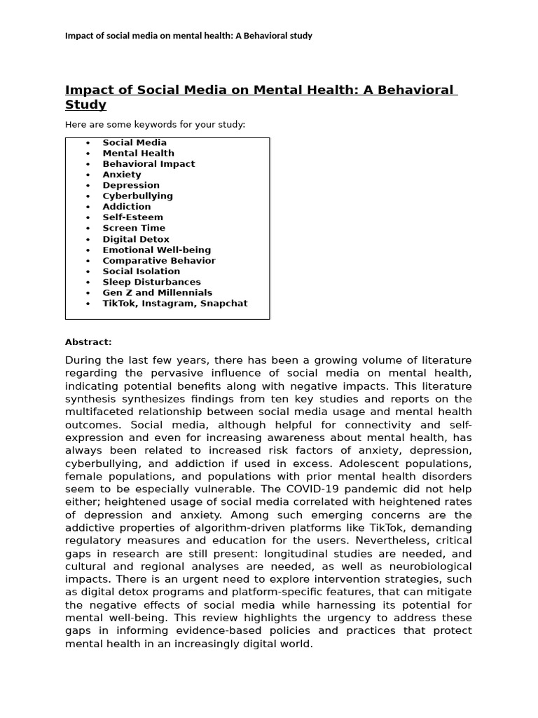 Impact of Social Media On Mental Health (AutoRecovered) | PDF | Social ...