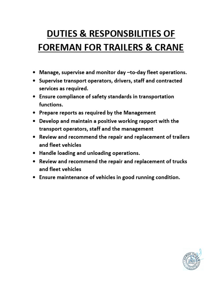 Truck Foreman Responsibilities Overview | PDF