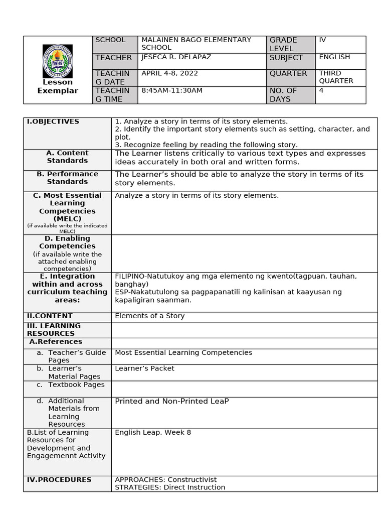 Grade 4 English Lesson Exemplar | PDF | Learning | Teaching