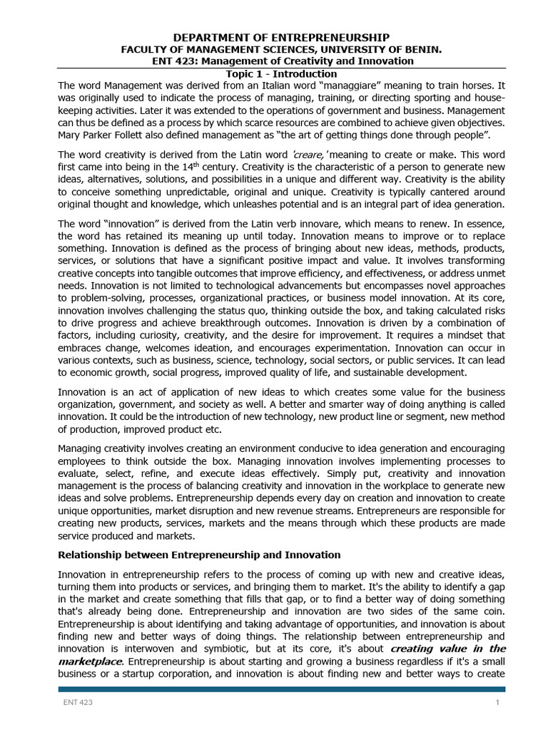 Managing Creativity and Innovation in Entrepreneurship | PDF ...