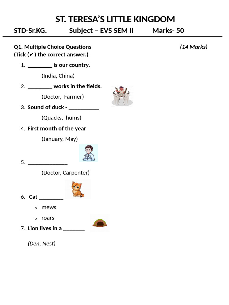 EVS Exam Paper for Sr.KG Students | PDF