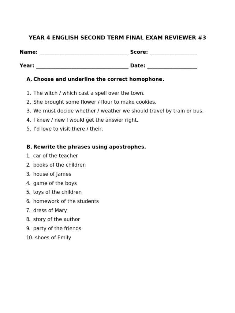Year 4 English Exam Review Guide | PDF