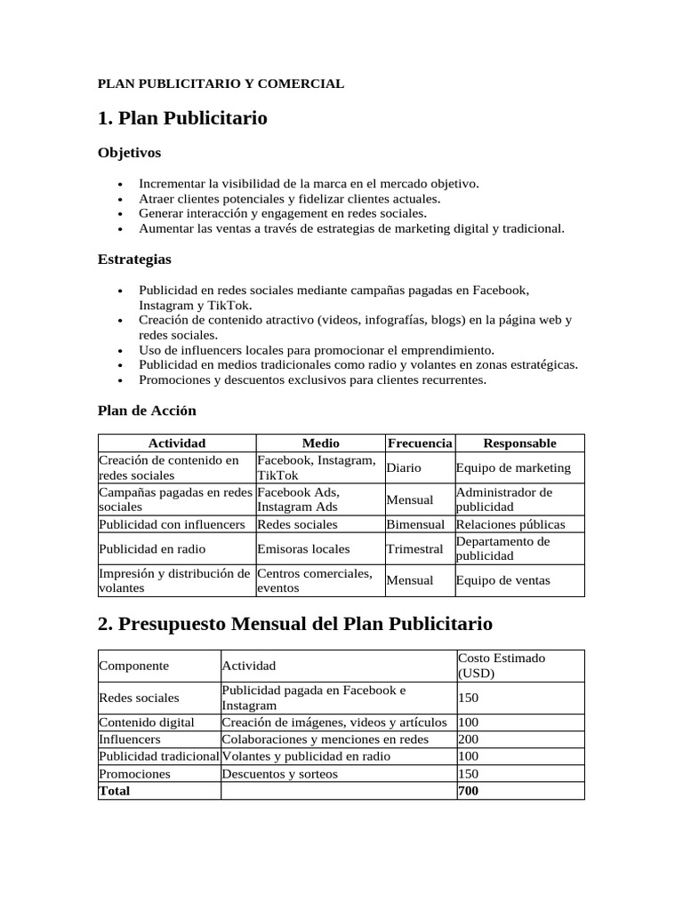 Plan Publicitario y Comercial Efectivo | PDF | Publicidad | Marketing
