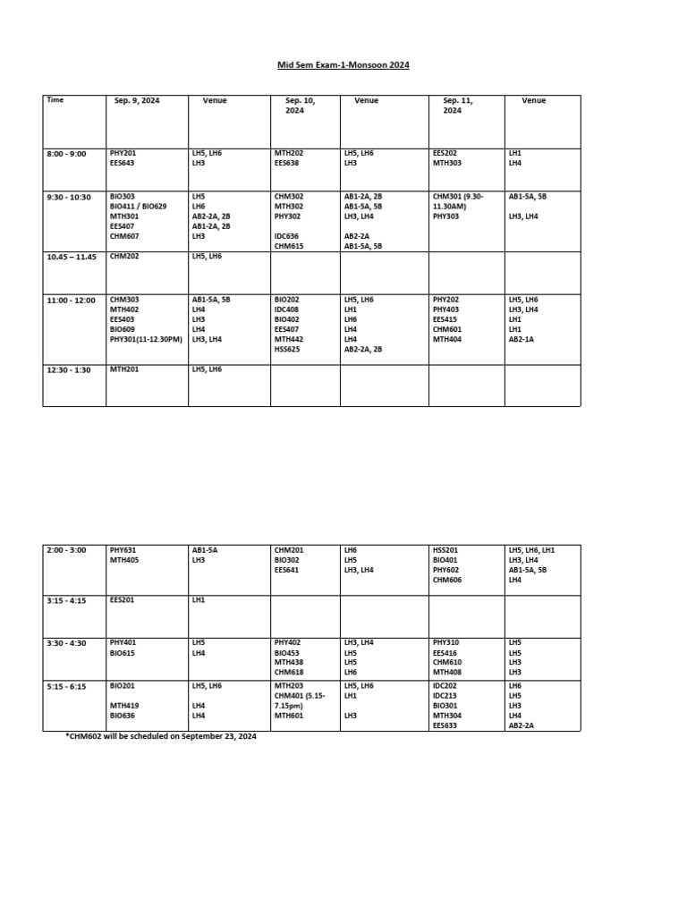 Mid Sem Exam Schedule Monsoon 2024 | PDF