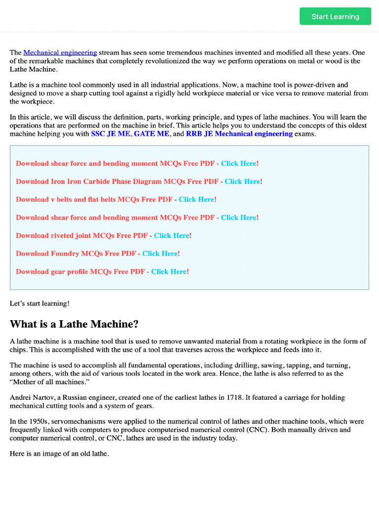 Lathe Machine - Learn The Working With Parts and Applications | PDF