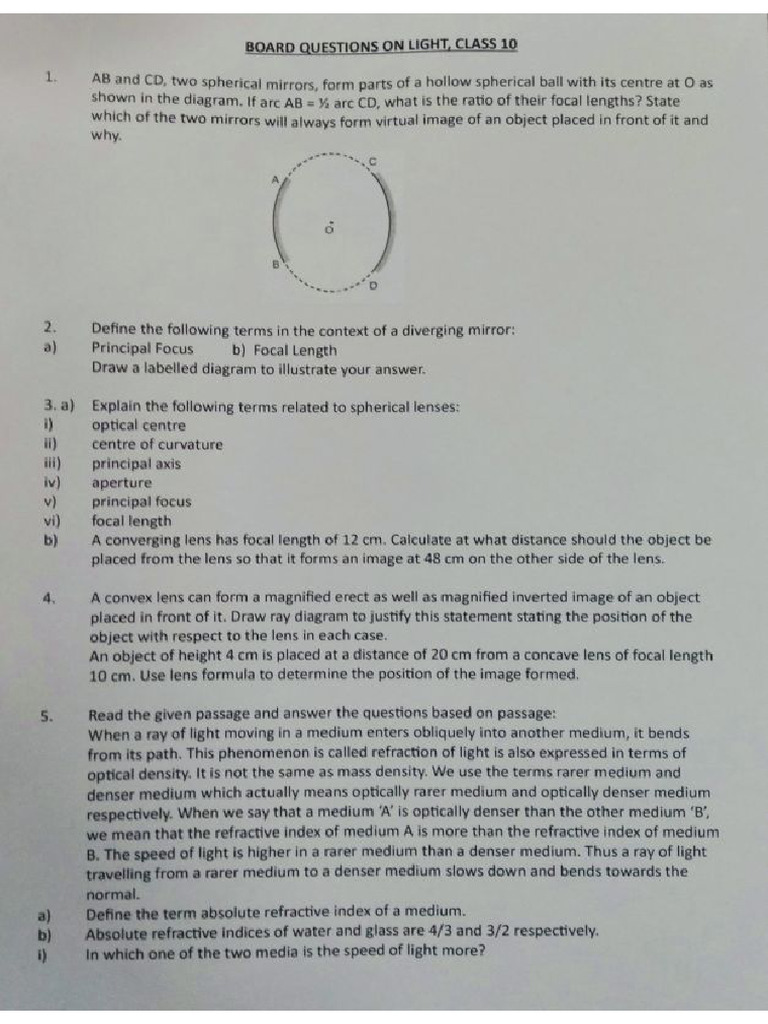 Past Year Questions On Light Class 10 | PDF
