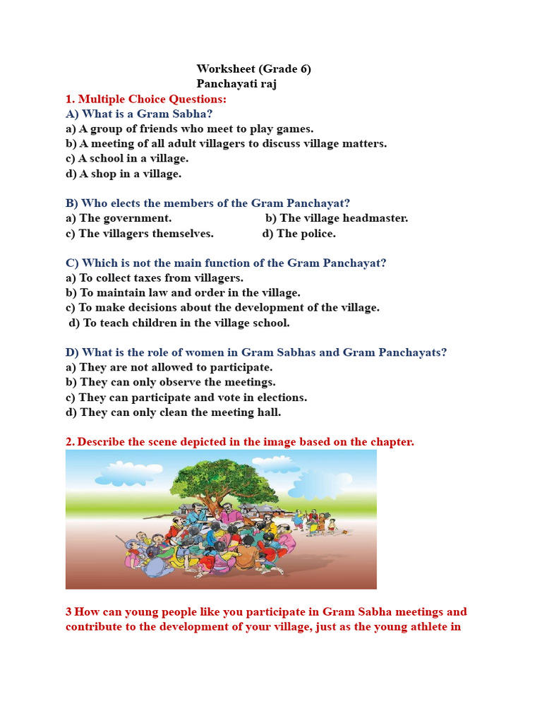 Panchayati Raj Worksheet for Grade 6 | PDF