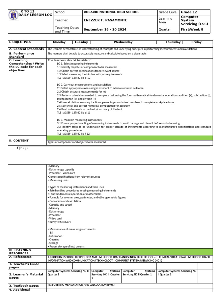 Grade 12 CSS Daily Lesson Log | PDF | Learning