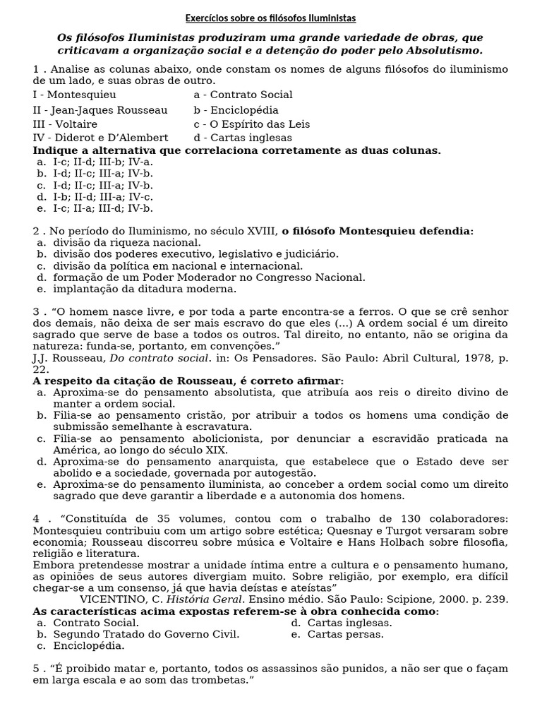Exercícios sobre Filósofos Iluministas | PDF | Iluminismo | Montesquieu