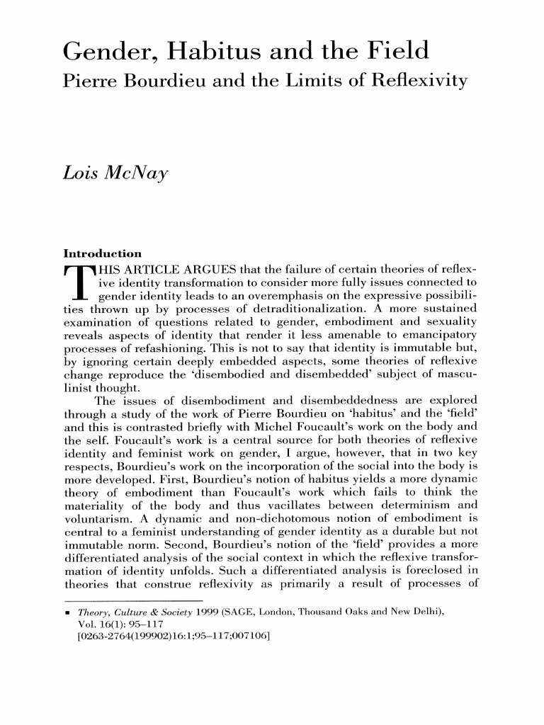 Mcnay 1999 Gender Habitus and The Field Pierre Bourdieu and The Limits ...