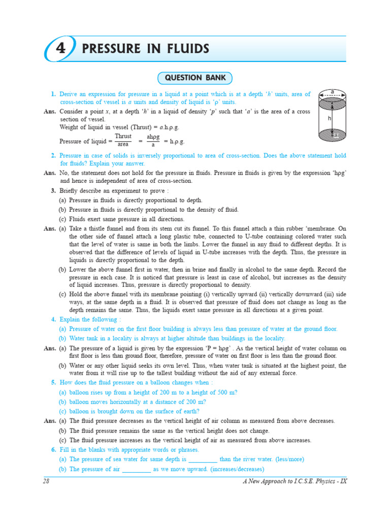 I.C.S.E. Physics IX: Fluid Pressure Concepts | PDF | Pressure ...