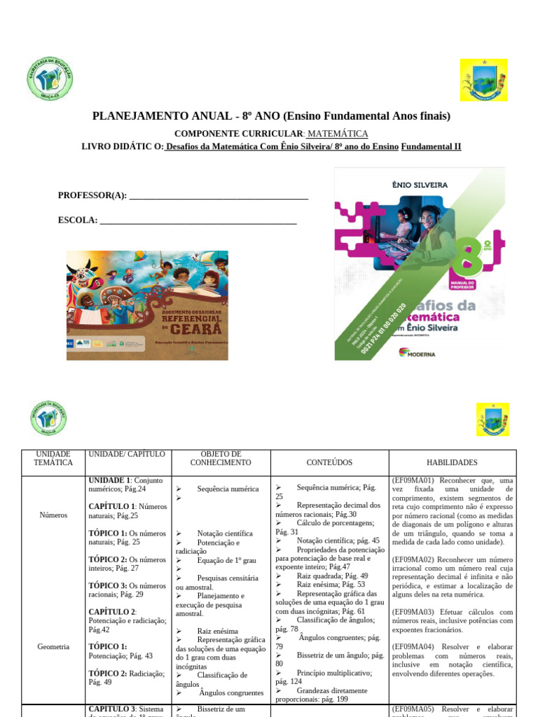 Planejamento Anual Matemática 8º Ano | PDF | Equações | Número real