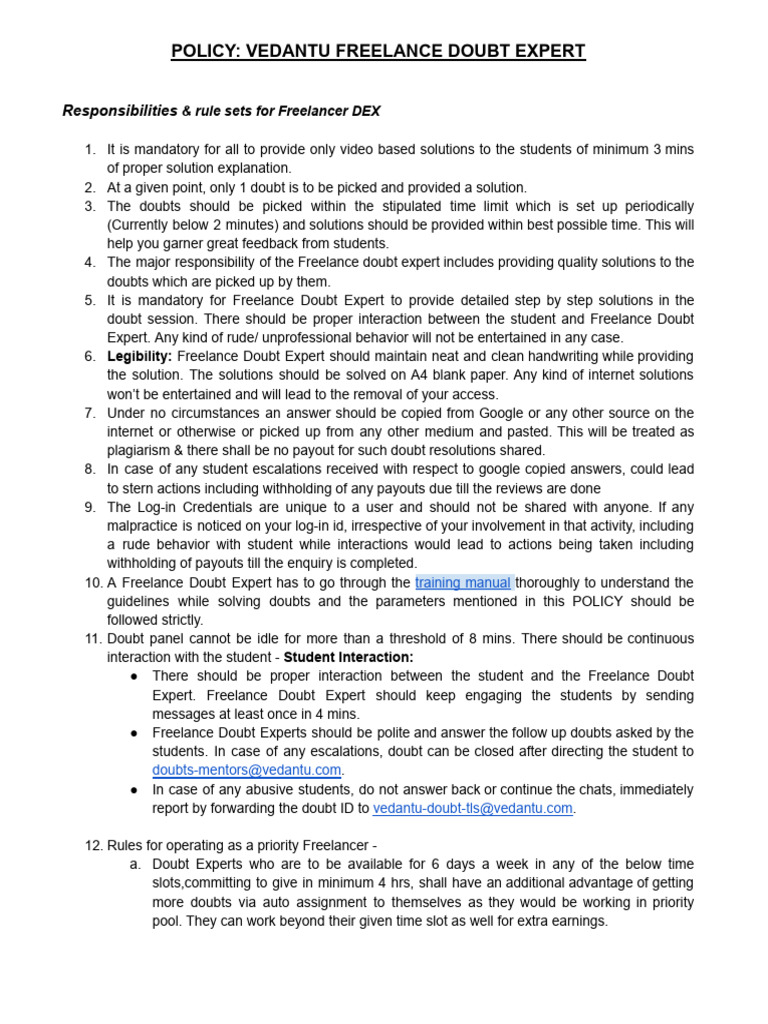 Vedantu Freelance Doubt Expert Policy | PDF