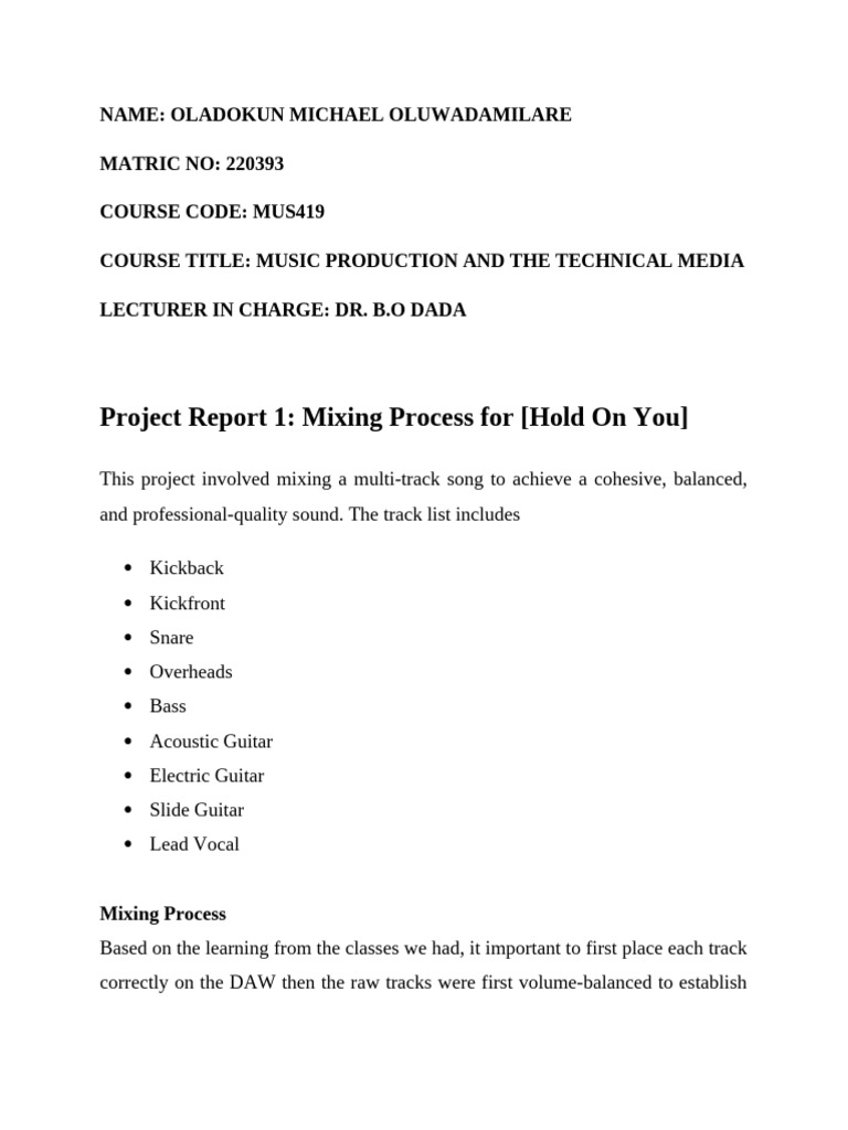 Mus 419 Project Report Pdf Equalization Audio