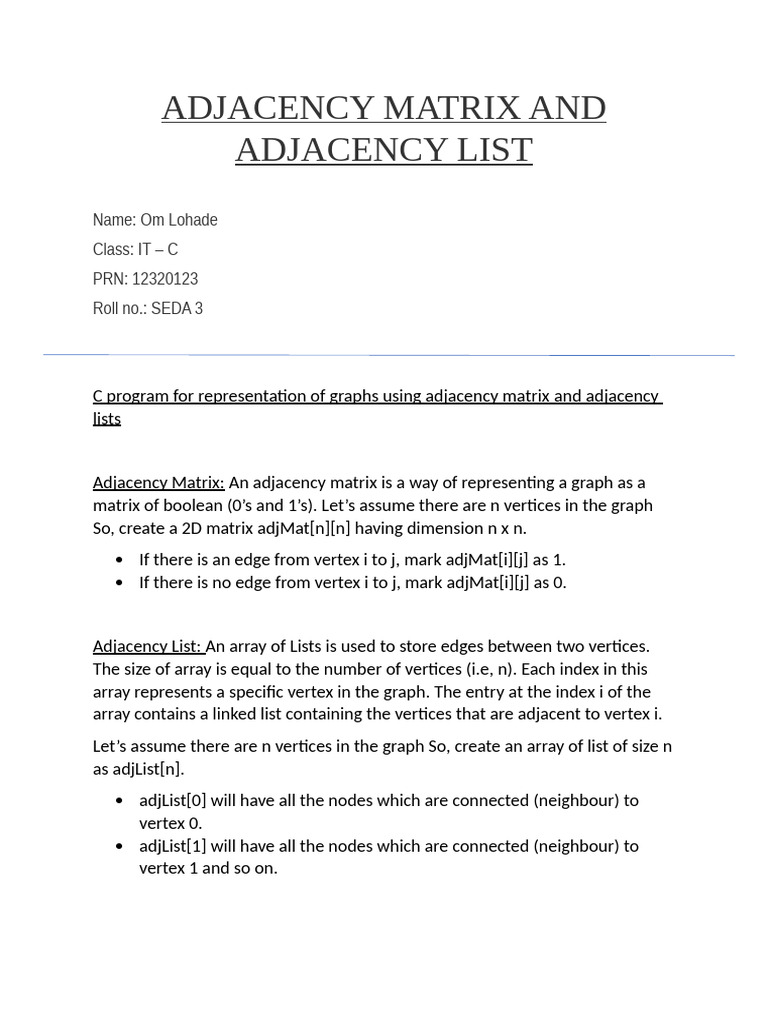 Ads La6 - Adjacency Matrix and Adjacency List | PDF | Vertex (Graph ...