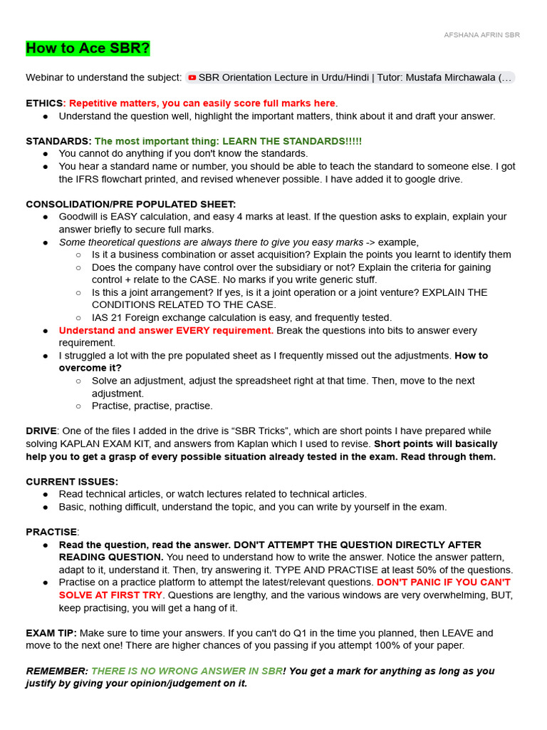 SBR Exam Success Strategies | PDF