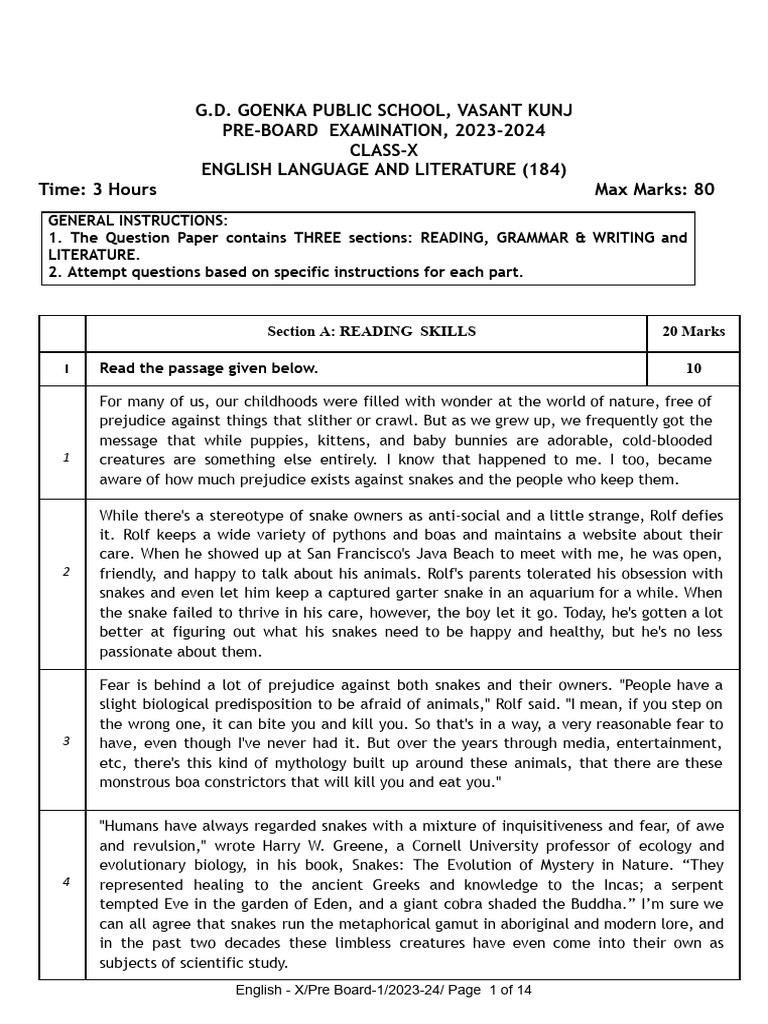 Class X English Pre-Board Exam 2023-24 | PDF | Snake