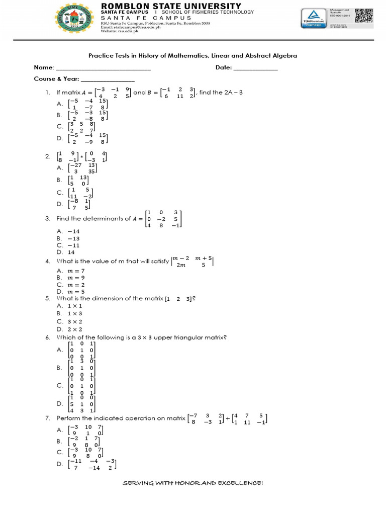 Mathematics Practice Test Questions | PDF | Matrix (Mathematics ...