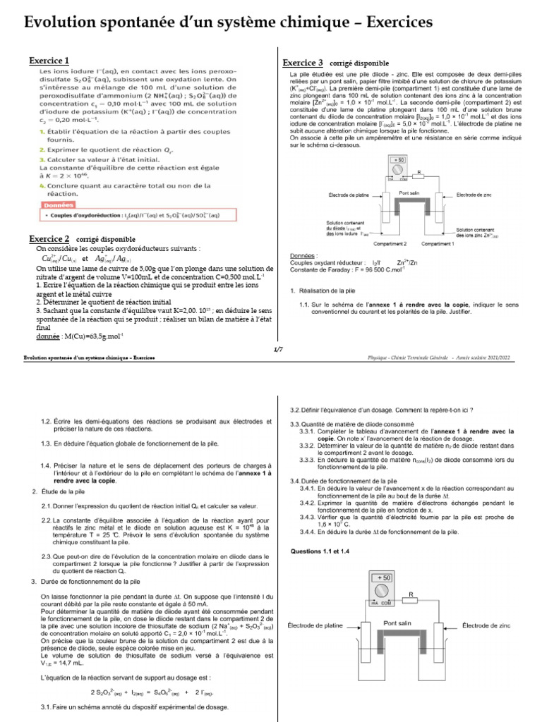 Exercices sur l'évolution chimique | PDF | Chimie | Cuivre