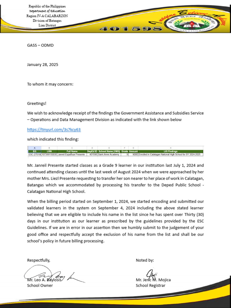 Acknowledgment of Learner Transfer Process | PDF